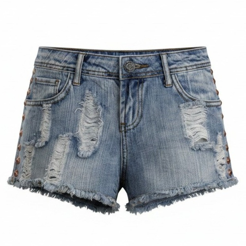 rue21 Women Denim Shorts 3/4 Blue Distressed Studded Frayed Festival Edgy Grunge